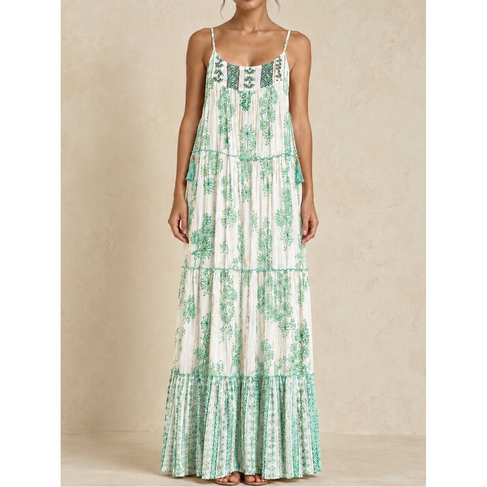 ANANTA Boho Beaded Green Botanical Tiered Rayon Maxi Dress